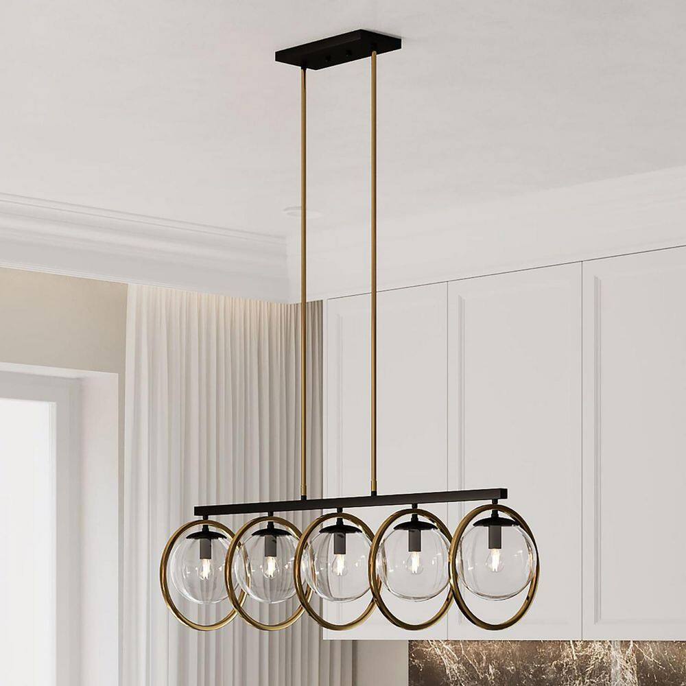 Lugano Elegance 5-Light Chandelier in Black and Vintage Brass with Clear Glass Shades