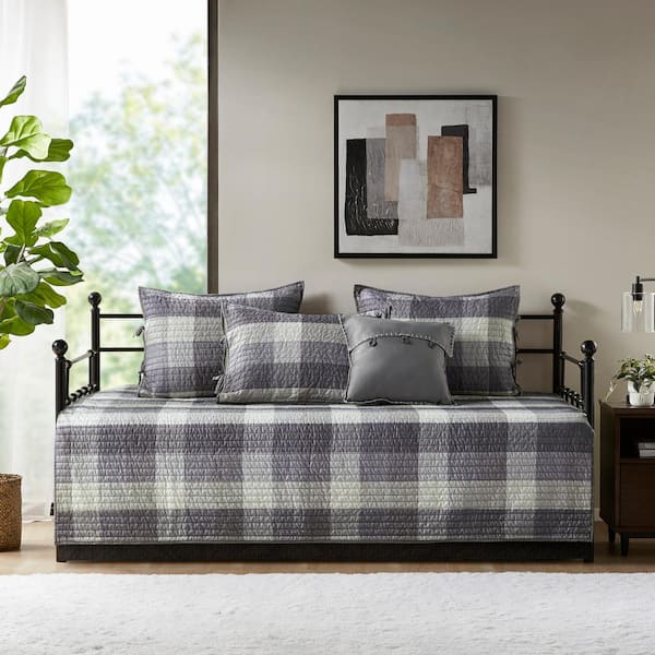 Pioneer 6-Piece Gray Plaid Reversible Microfiber Daybed Bedding Set