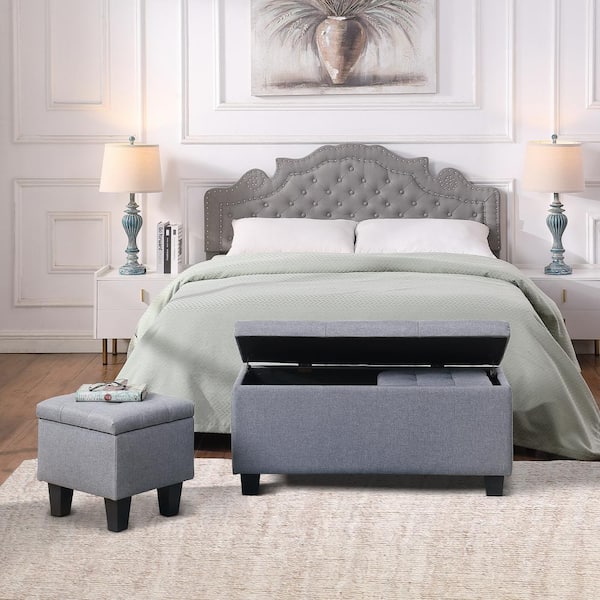 IDEAGLE 3Pcs Gray Fabric Large Storage Ottoman Bench Set, Line Bedroom End of Bed Storage Bench with 2 Ottoman Footrest