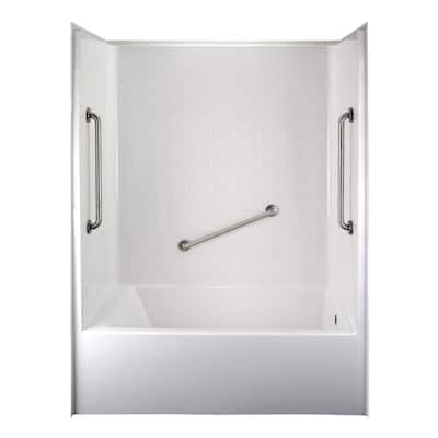 Classic 60 in. x 33 in. x 81 in. 1-Piece Subway Tile Bath and Shower Kit with Right Drain in Biscuit and 3 Grab Bars