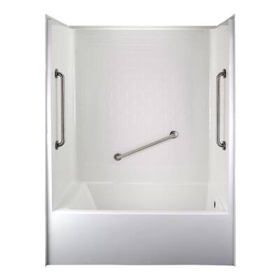 Classic 60 in. x 33 in. x 81 in. 1-Piece Subway Tile Bath and Shower Kit with Right Drain in Bone and 3 Grab Bars