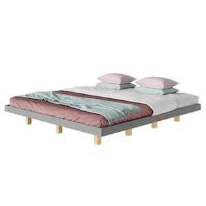 Modern Low Profile Gray Wood Frame Floating King Platform Bed Frame with LED Lights Underneath