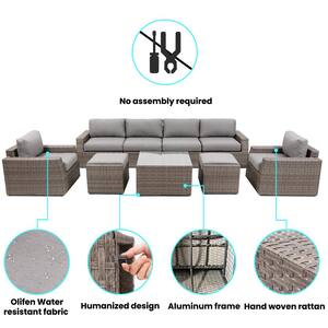9-Piece Wicker Outdoor Patio Conversation Seating Set with Gray Olefin Cushions