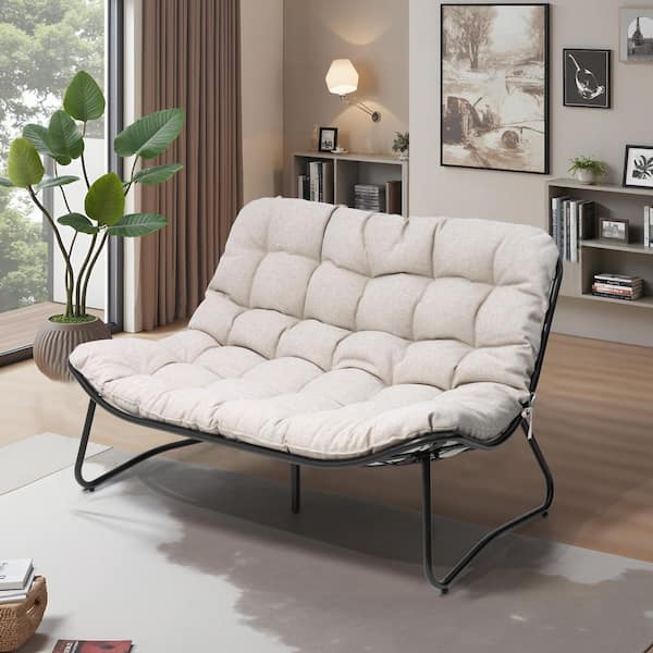 1-Piece Metal Frame Outdoor Loveseat with Beige Cushions