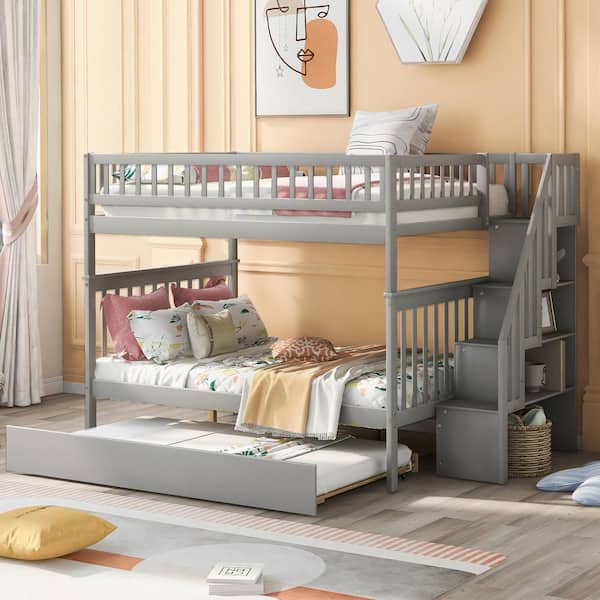 Gray Full Over Full Wood Bunk Bed With Stairs and Trundle, Detachable Full Kids Bunk Beds with Book Shelves