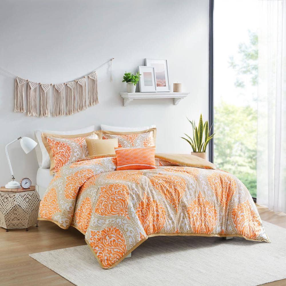 Bedsure Twin Comforter Set Coral Orange White - Reversible Floral Twin  Bedding C