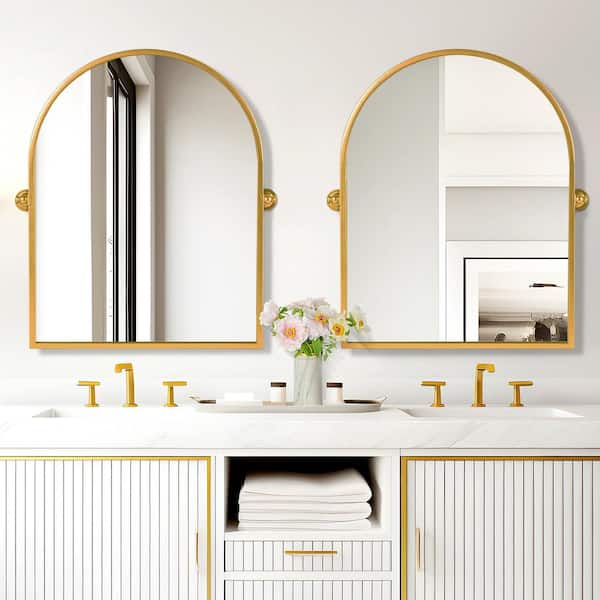 Dovelina 24 in. W x 31.5 in. H Modern Arch-Top Metal Framed Gold Pivoted Wall Vanity Mirror