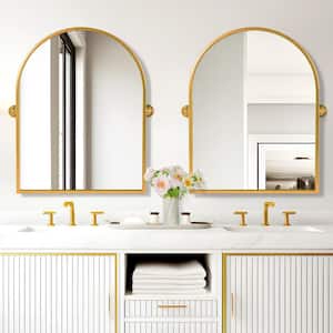 24 in. W x 31.5 in. H Modern Arch-Top Metal Framed Gold Pivoted Wall Vanity Mirror