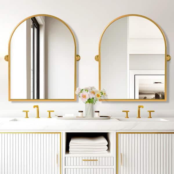 NEUTYPE 24 in. W x 31.5 in. H Modern Arch-Top Metal Framed Gold Pivoted Wall Vanity Mirror