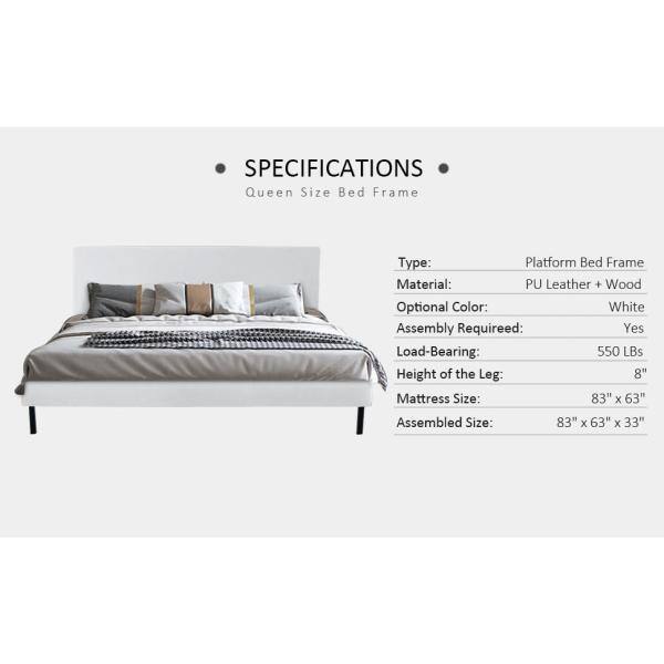 Queen Size Upholstered Fabric Platform Bed Frame With Wood Slats in White 