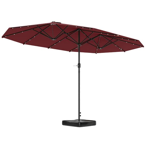 Outsunny 14.4 ft. Double Umbrella, Large Outdoor Patio Umbrella in Red with Base Included, Patio Sun Shade with LED Solar Light