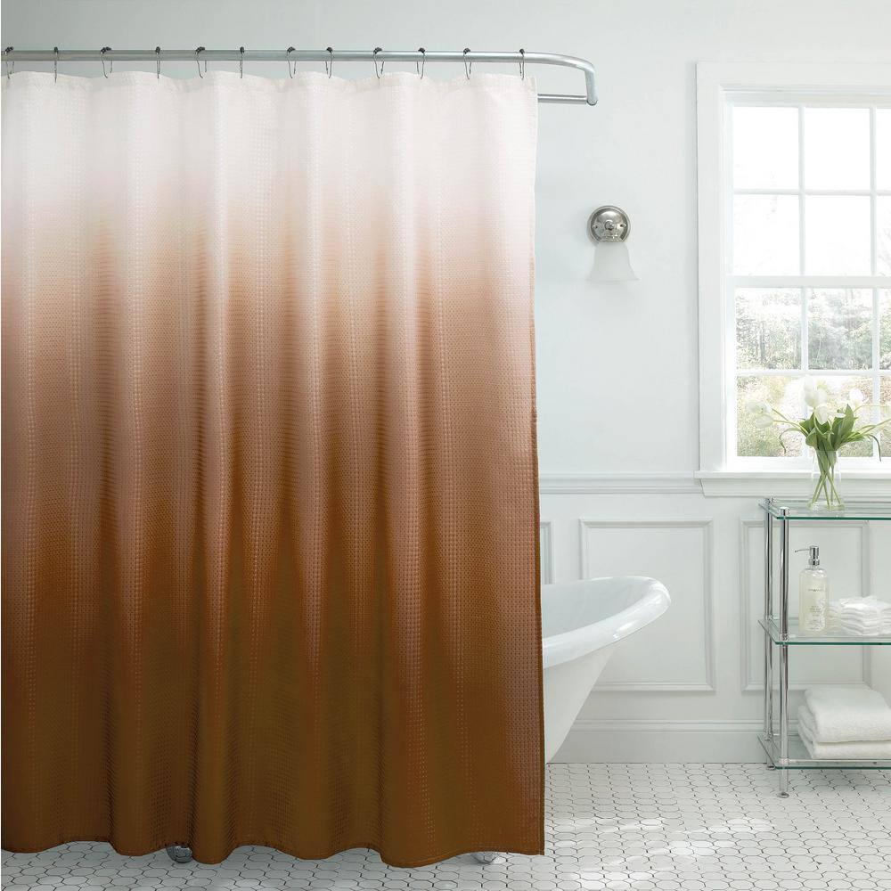 Chocolate Ombre Textured Polyester Shower Curtain Set with Beaded Rings