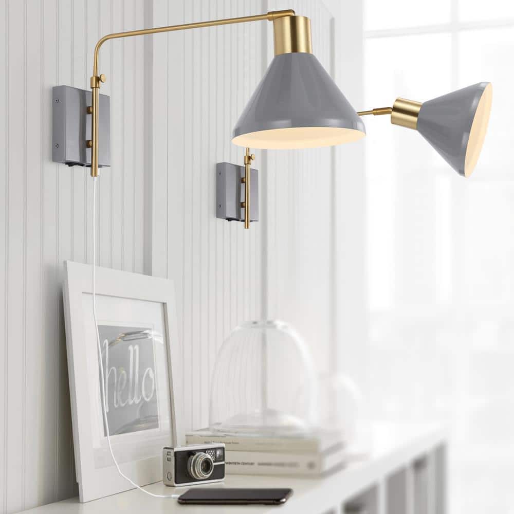 Max 20.5" Gray and Brass Gold Iron Swing Arm Sconce with USB Port