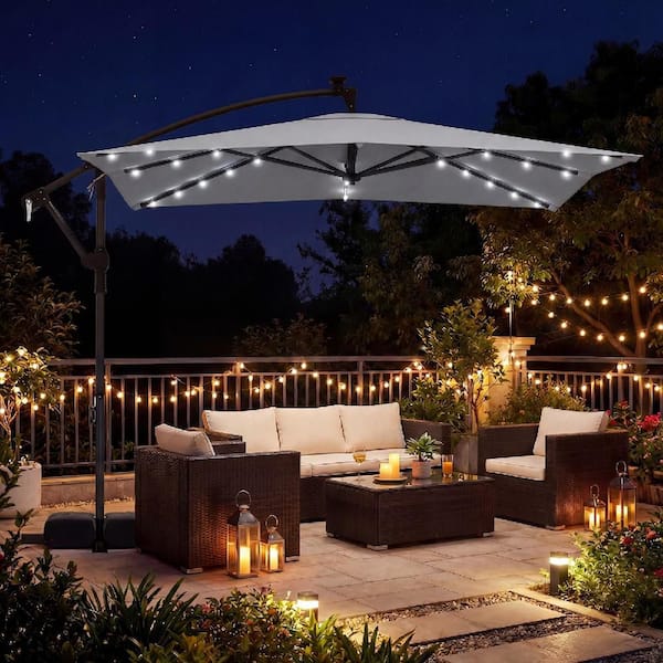 8' linen offset solar patio umbrella Costway 250 x 250 cm Solar LED Offset Cantilever Patio Umbrella Square Hanging Outdoor Market Umbrella-Grey