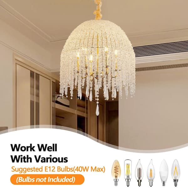20 in. W 6-Light Gold Crystal Chandelier Waterfall Design Grape-Shaped Crystal Bead Strings, E12, No Bulbs Included
