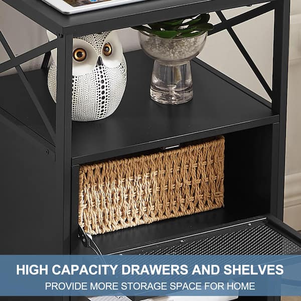 Black Nightstands Set of 2-with USB Ports and Outlets, 24 in. Nightstand with Storage Shelf, Side Table for Living Room