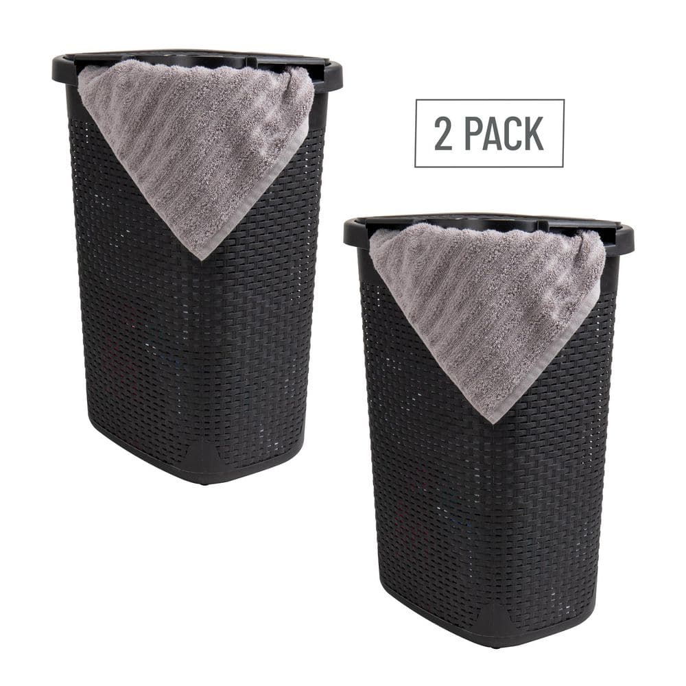 Black Wicker Style Upright Hamper with Lid, 2-Pack