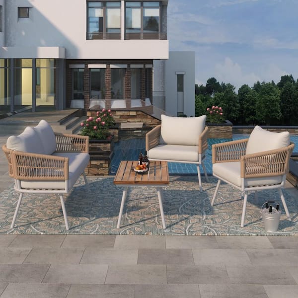 Daheat 4 Pcs Boho Rope Patio Conversation Set in Beige with Acacia Wood Table, 1 Loveseat, Adjustable Feet and Thick Cushions