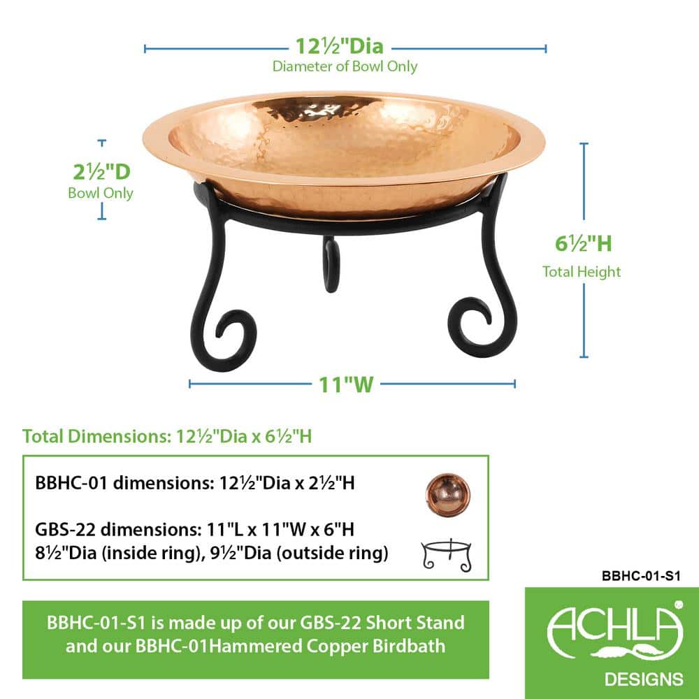 13" Hammered Copper Birdbath with Wrought Iron Stand