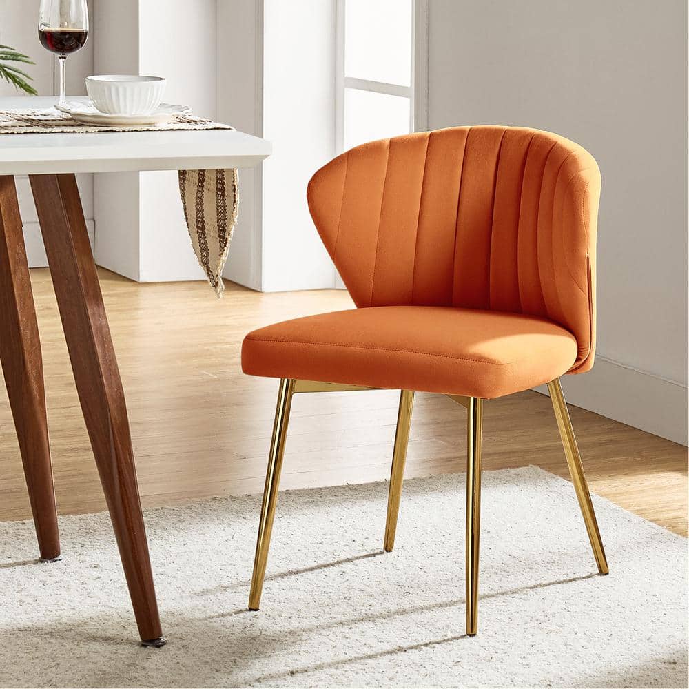 Elegant Orange Velvet Upholstered Side Chair with Gold Metal Legs
