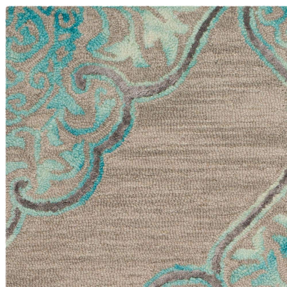 Handmade Tufted Floral Grey & Turquoise Wool-Silk Round Accent Rug