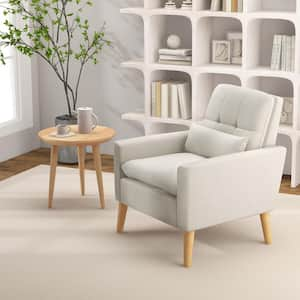 Comfy Modern Beige Accent Chair with Lumbar Pillow and Natural Rubber Wood Legs