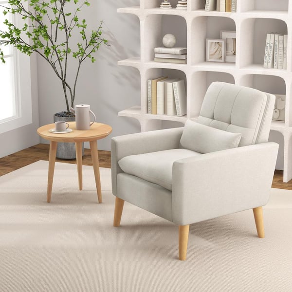 FORCLOVER Comfy Modern Beige Accent Chair with Lumbar Pillow and Natural Rubber Wood Legs HYM 559BE