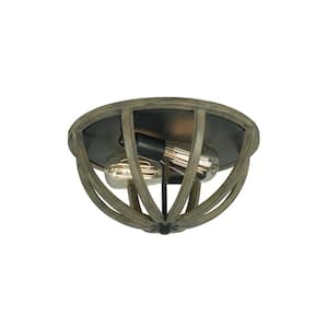 Allier 13 in. W. 2-Light Metal Painted Weathered Oak Wood/Antique Forged Iron Flush Mount