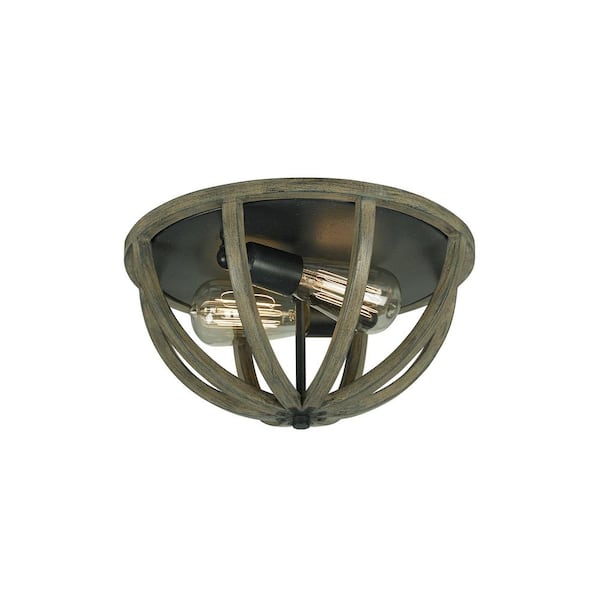 Generation Lighting Allier 13 in. W. 2-Light Metal Painted Weathered Oak Wood/Antique Forged Iron Flush Mount