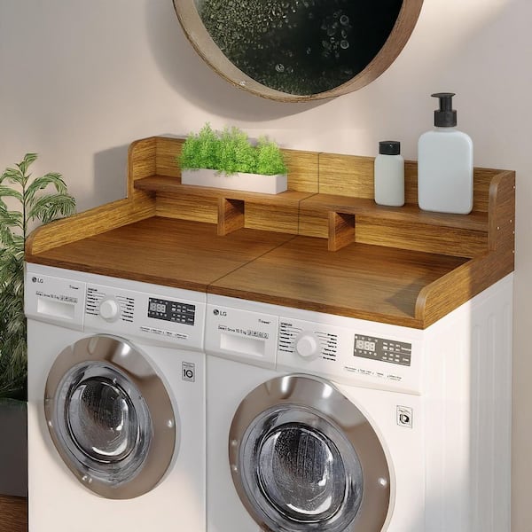 Walnut Wood Washer Dryer Countertop, Storage Shelf with Rounded Edge Rails for Kitchen Laundry Room Organization