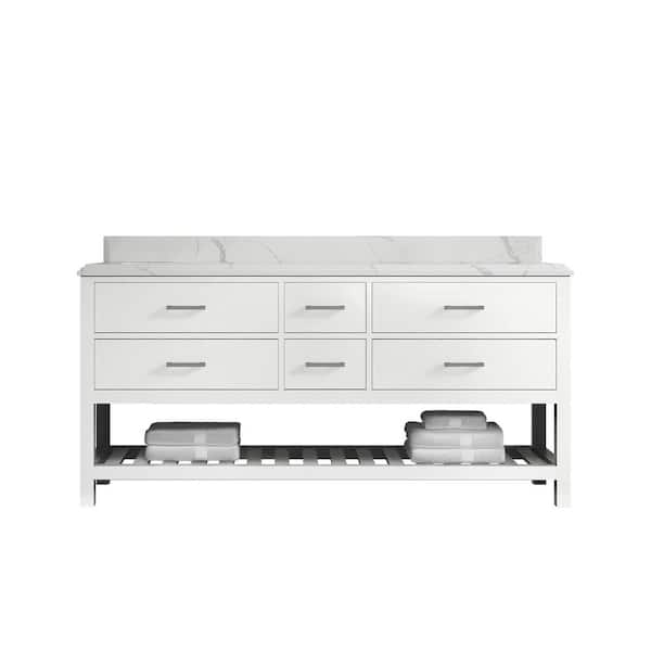 Willow Collections Parker 72 in. W x 22 in. D x 36 in. H Double Sink Bath Vanity in White with Cove Edge Calacatta Quartz Top