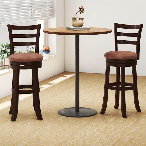44 in. H Cappuccino Low Back Wood Counter Height Swivel Bar Stools with Faux Leather Set of 2 for Pub