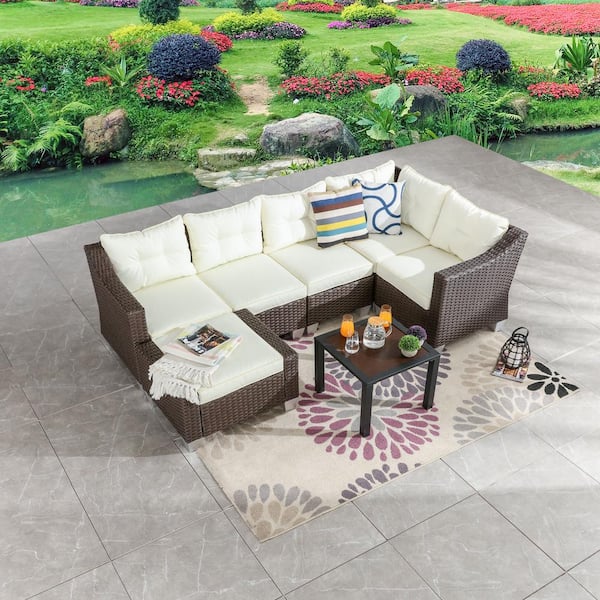 Patio Festival 6-Piece Wicker Outdoor Sectional Set with Beige Cushions