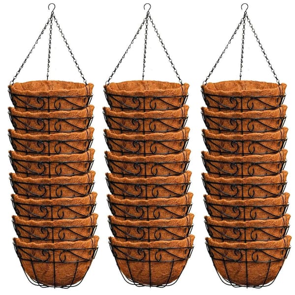 12 in. Black Metal Hanging Planter Baskets with Coco Liners for Flowers and Outdoor Decor (12-Pack)