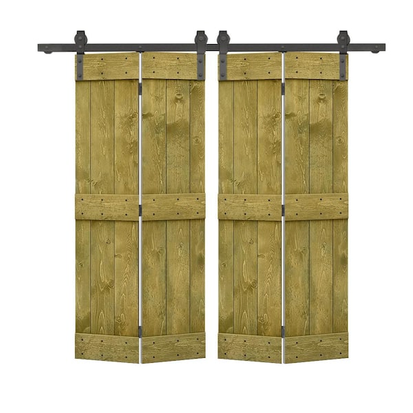 CALHOME 60 in. x 84 in. Mid-Bar Solid Core Jungle Green Stained DIY Wood Double Bi-Fold Barn Doors with Sliding Hardware Kit
