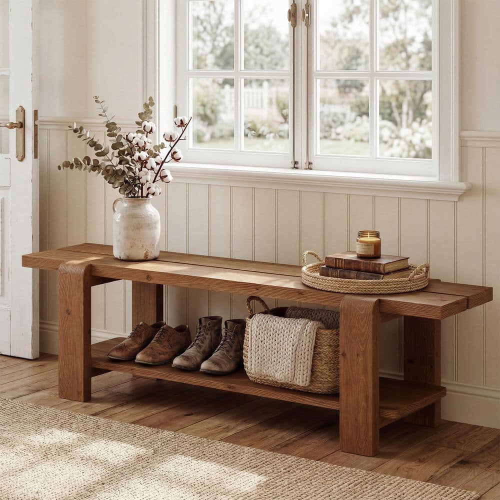 18 in. H x 63 in. W Brown Solid Wood Shoe Storage Bench, 2-Tier Entryway Bench for Hallway, End of Bed Bench for Bedroom