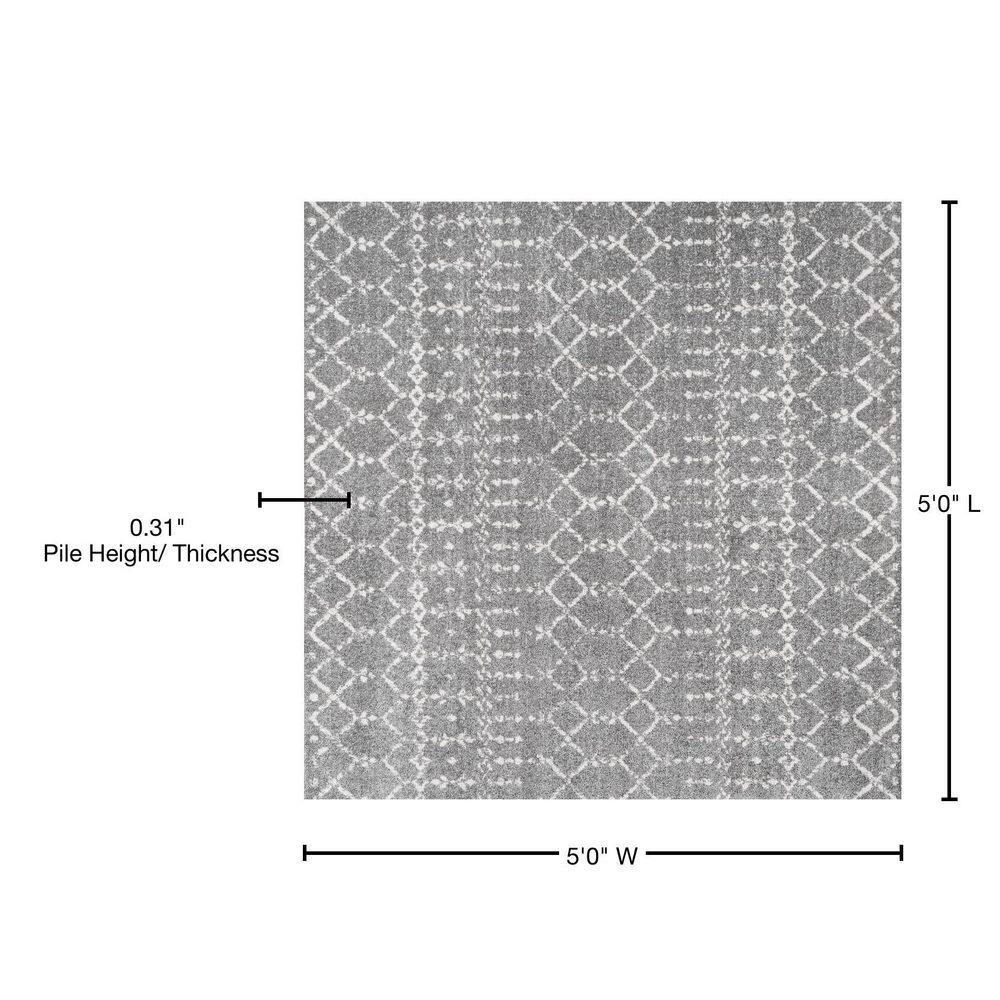 Ivory and Gray Moroccan Trellis 5' Square Synthetic Area Rug