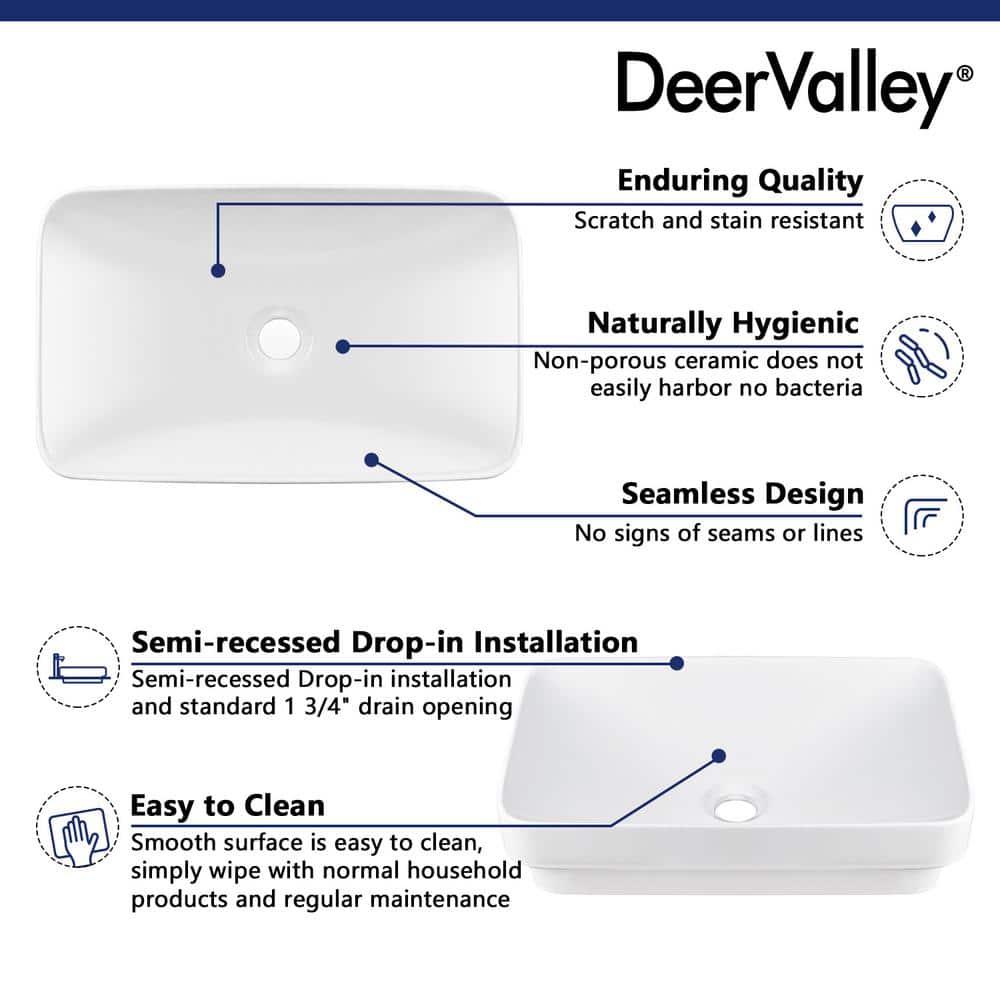 DeerValley 19'' White Ceramic Rectangular Above-Counter Vessel Sink