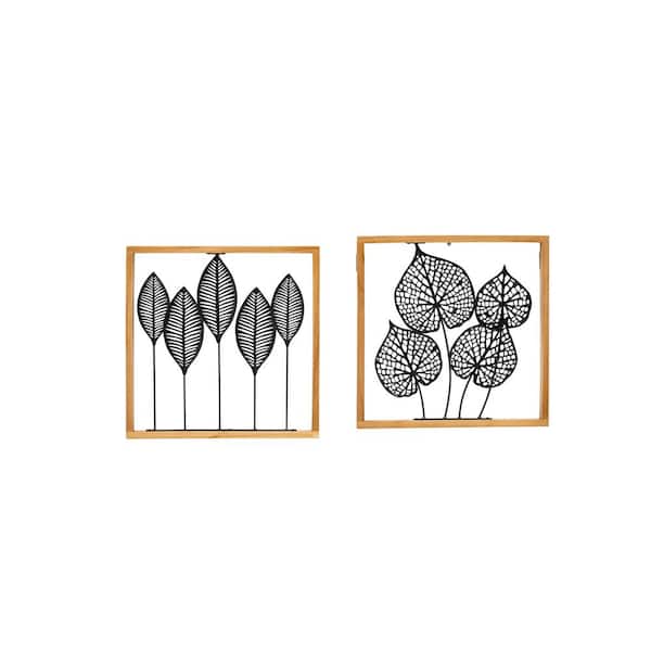 FUIN Modern Wall Art Decor (Set of 2) with Wood Frame, Metal leaves