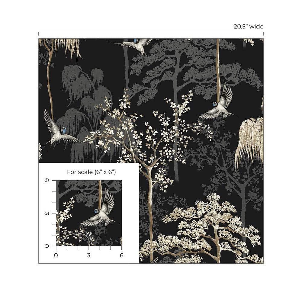 Black and Beige Vinyl Peel and Stick Bird Garden Wallpaper