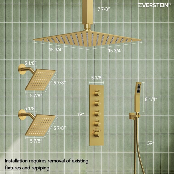EVERSTEIN 15-Spray Patterns Thermostatic 16, 6 in. Dual Shower