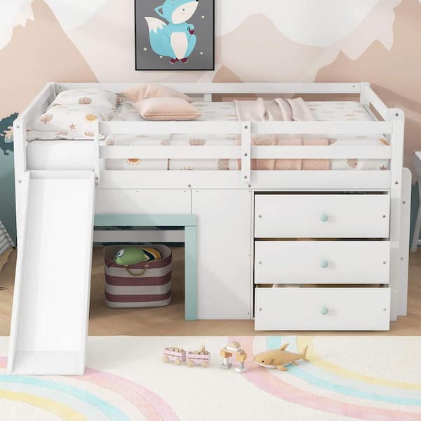 White Full Wood Loft Bed with Slide, Three Storage Drawers and Two Doors