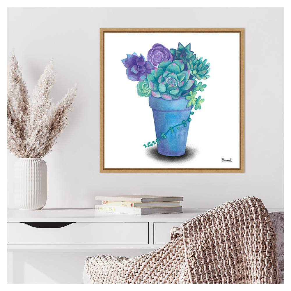 Turquoise Succulents IV Watercolor Canvas with Maple Frame