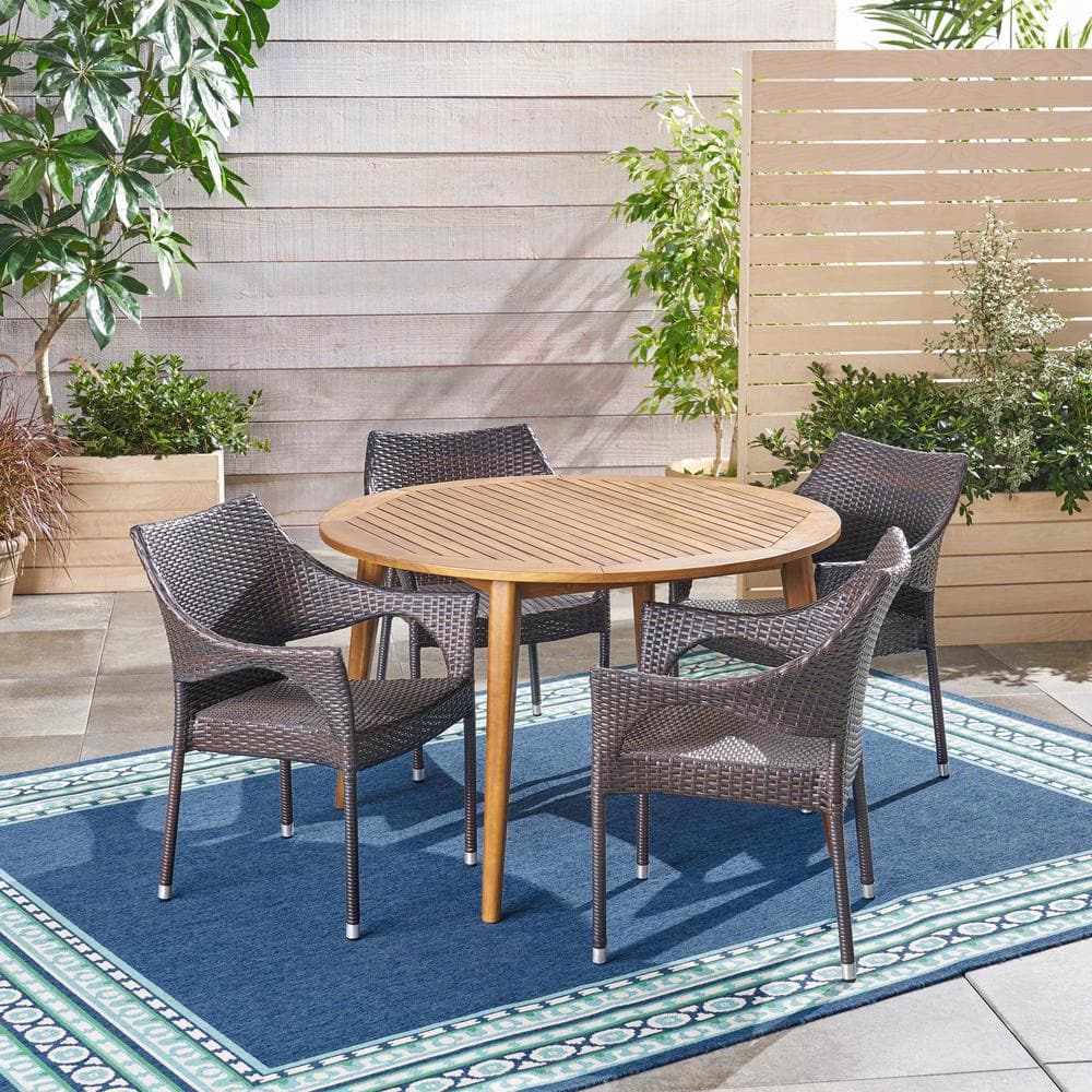 Donatella Multi-Brown 5-Piece Wood and Faux Rattan Outdoor Dining Set -  Noble House, 42957