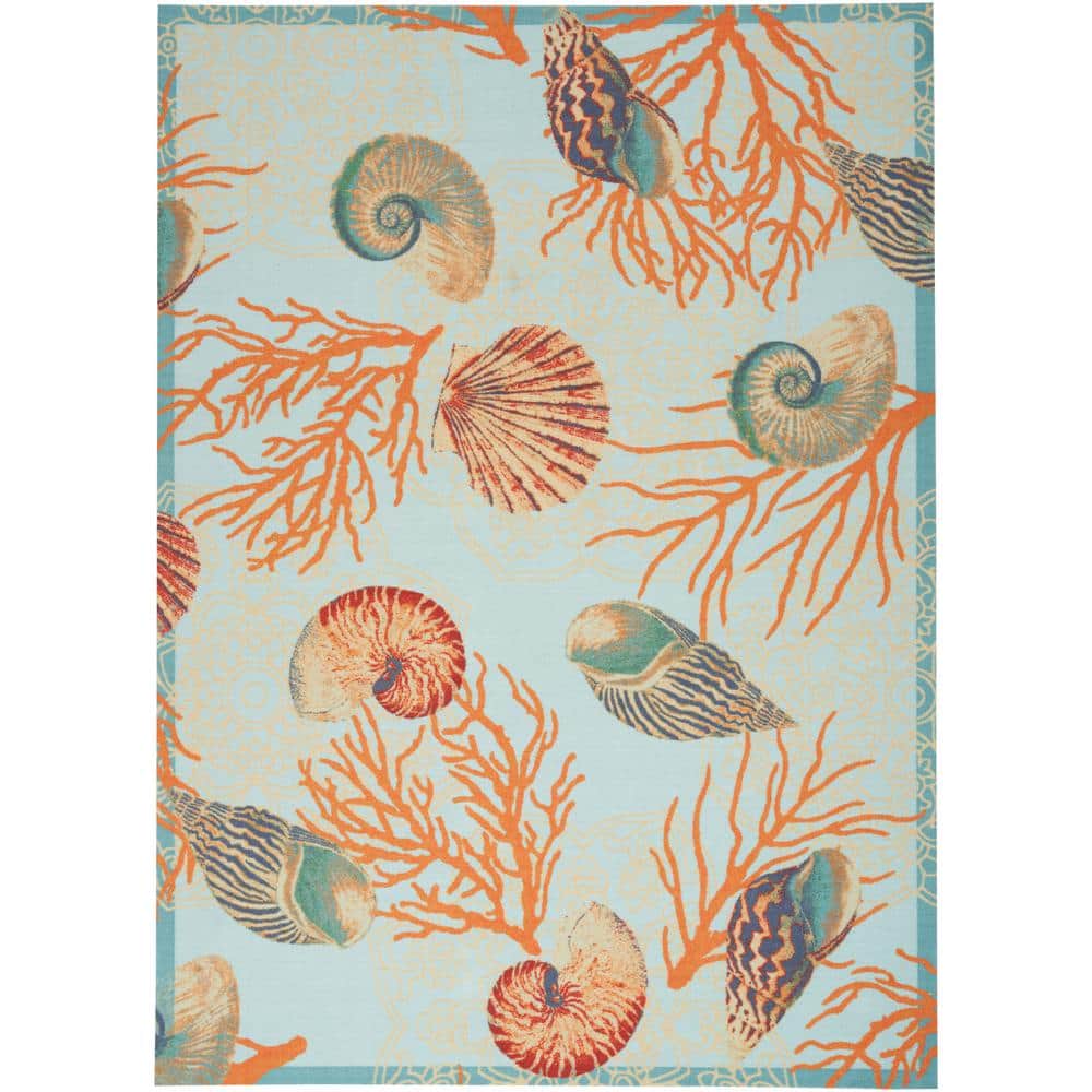 Light Blue Coastal Floral Synthetic Area Rug
