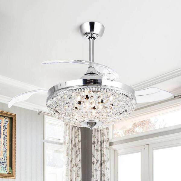 42 in. Retractable 3-Blade Chrome Crystal Ceiling Fan with Light Kit and Remote Control