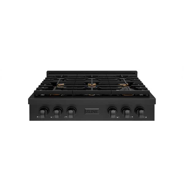 Paramount 36 in. 6-Burner Porcelain Cooktop with Brass Burners in Black Stainless Steel
