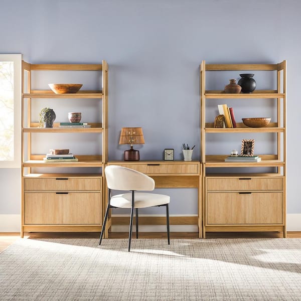 Walker Edison Furniture Company Transitional Coastal Reeded 38 in. Writing Desk with 2 Wide Modern Bookcases (3-Piece)