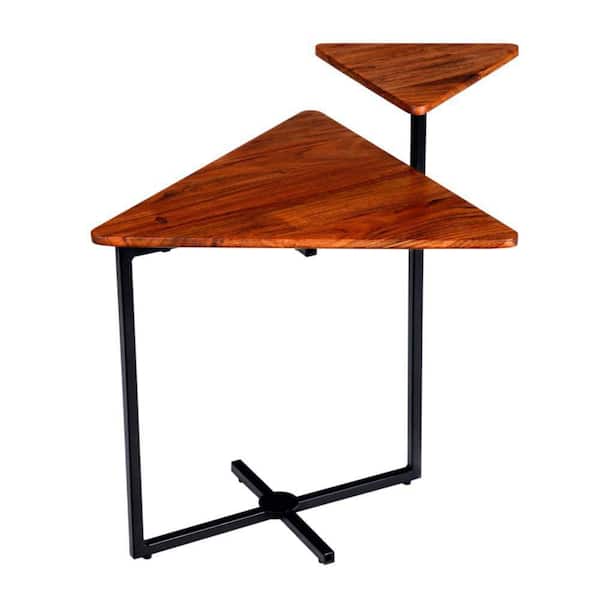 THE URBAN PORT 16 In. Brown and Black Triangular Acacia Wood Accent End Table with 2-Tier Tabletops