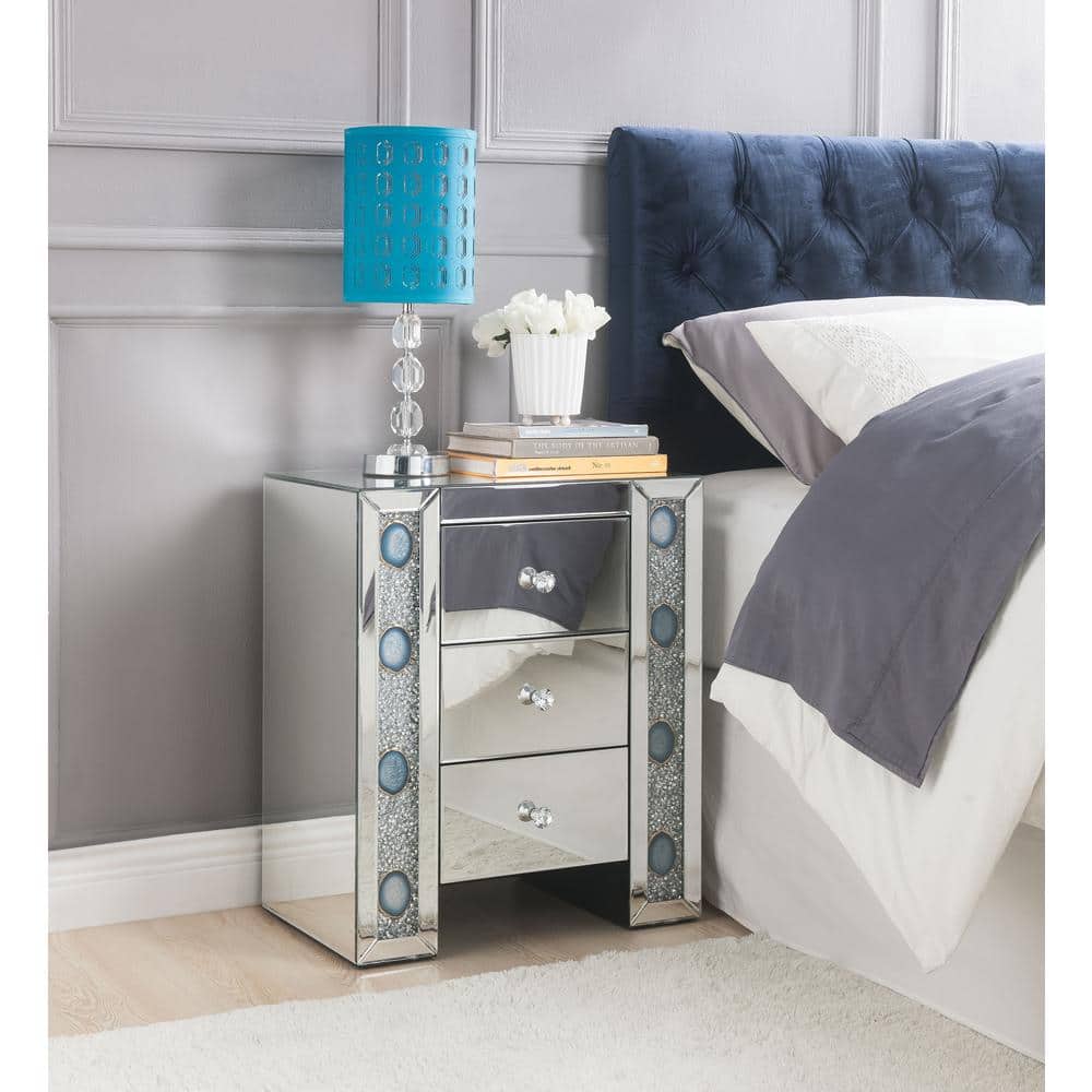 Elegant Mirrored 3-Drawer Nightstand with Faux Agate Inlay